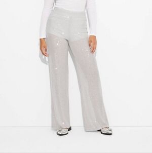 Women's Mid-Rise Wide Leg Holiday Sequin Pants - Wild Fable Gray/Silver XXL